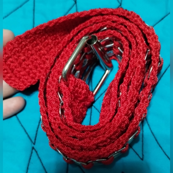 Handmade Upcycled Pull-Tab Soda Belt Red measures approx 40" single layer tabs - Picture 3 of 13